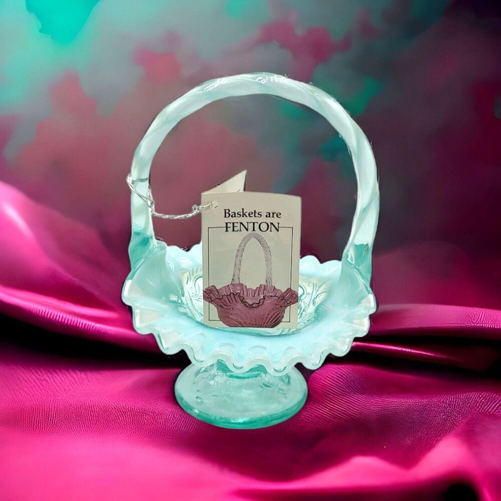 6.5" Fenton Opalescent Aqua Mint Fluted Strawberry Robin’s Egg Basket with Tag